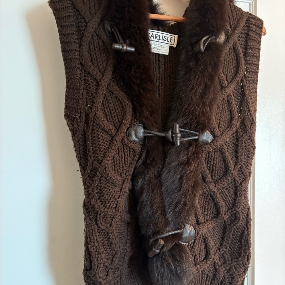 Carlisle Dark Brown Cable Knit Cardigan with Fur Trim